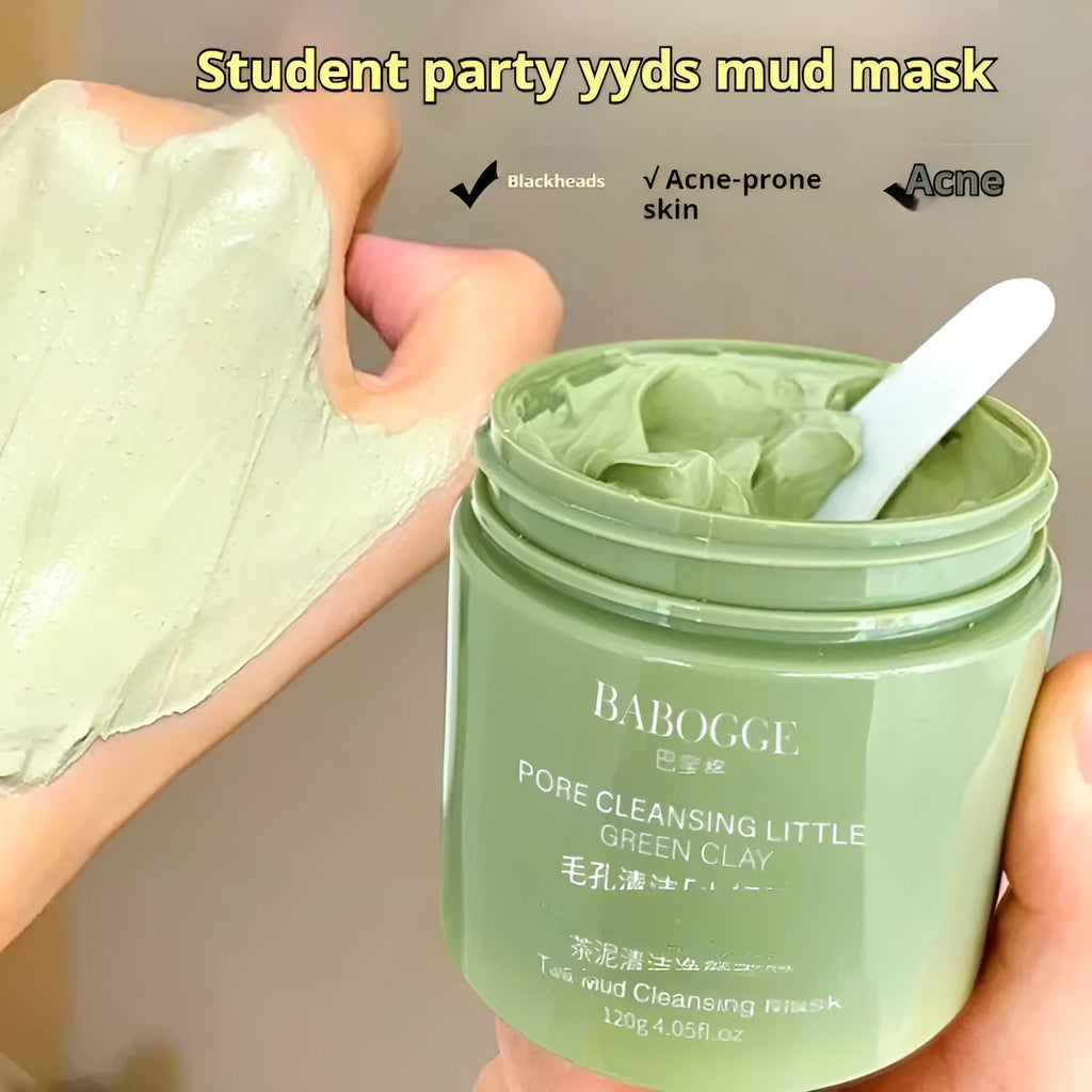 Tea mud cleansing clay facial mask in a 120ml container for deep cleansing.