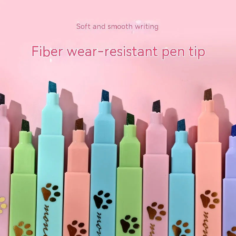 Cat's Paw brand box containing six fluorescent marking pens with oblique nibs in various colours.