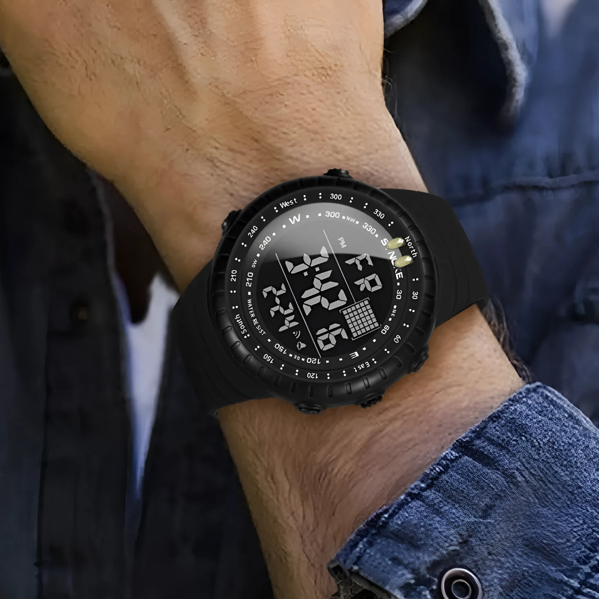 Black outdoor electronic watch with large 54.74mm dial, plastic case, and PU strap showing WR50M waterproof rating