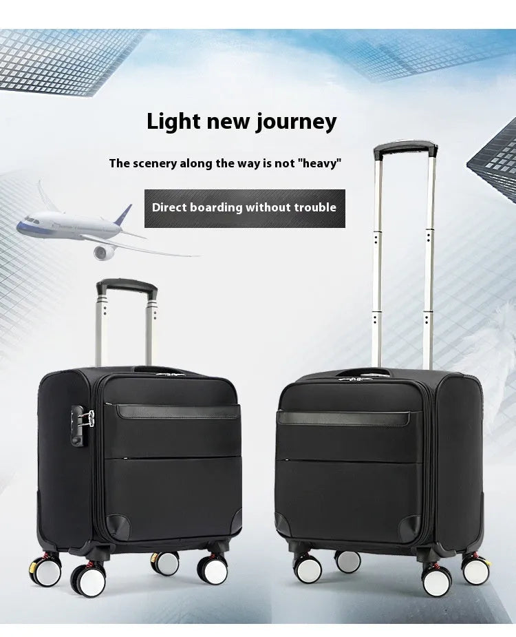 Black 18-inch Oxford cloth business suitcase with retractable handle and wheels.