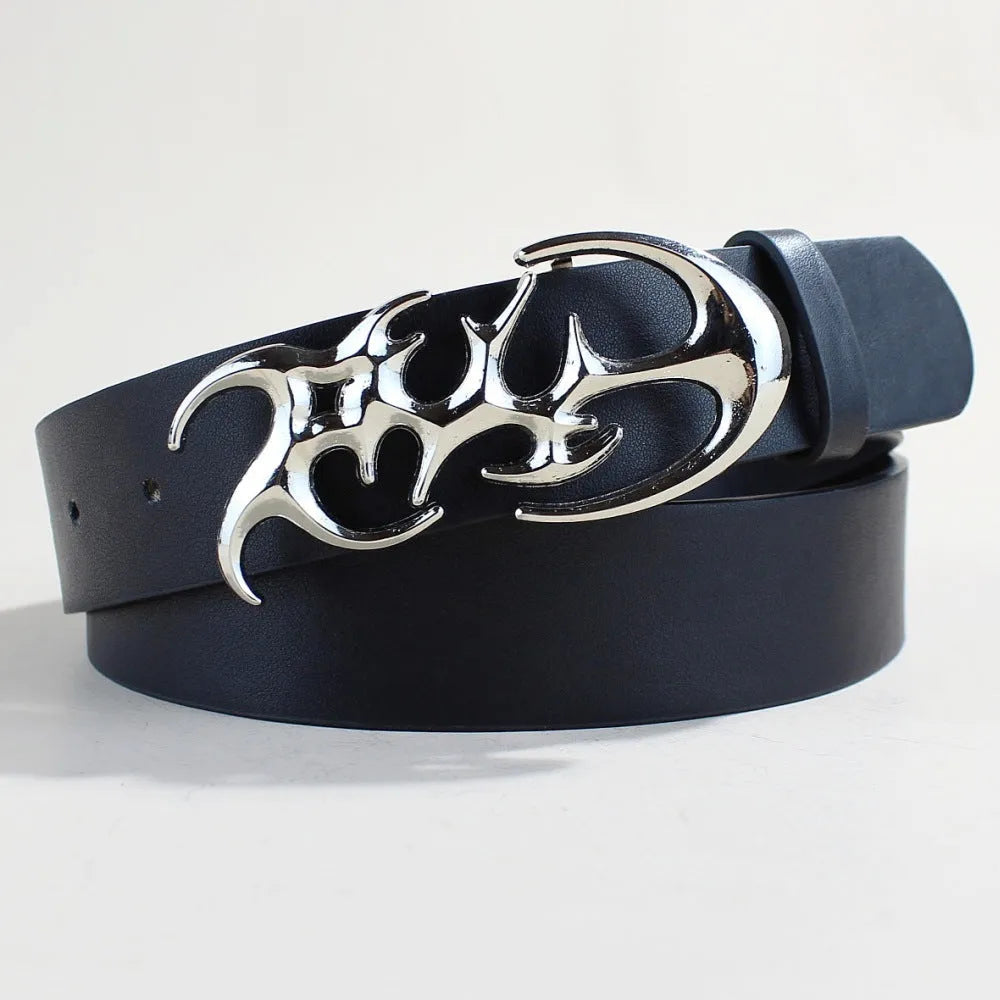 Silver buckle casual belt showing 105cm length and 3.3cm width with snap button closure