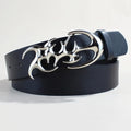 Silver buckle casual belt showing 105cm length and 3.3cm width with snap button closure