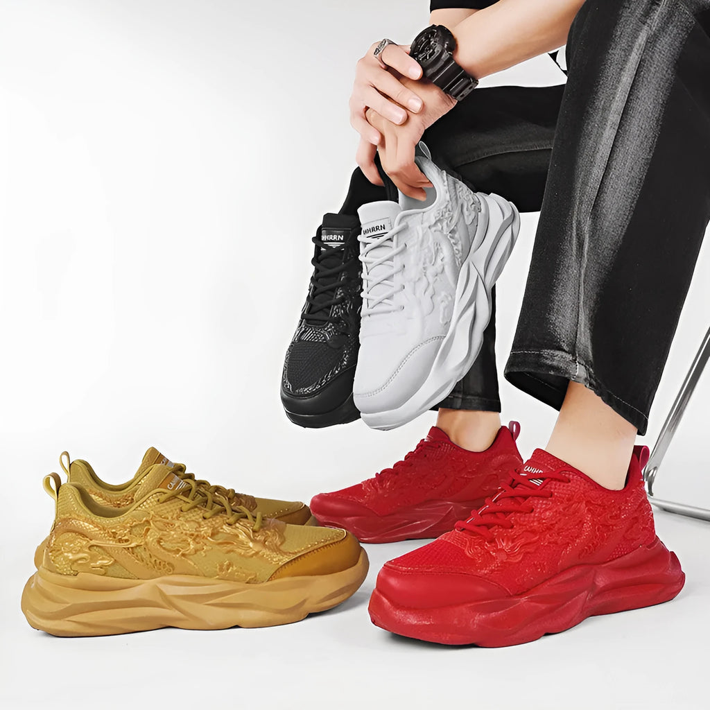 Chinese Loong dragon print casual sneakers with fly knit upper and rubber sole in multiple colour options.