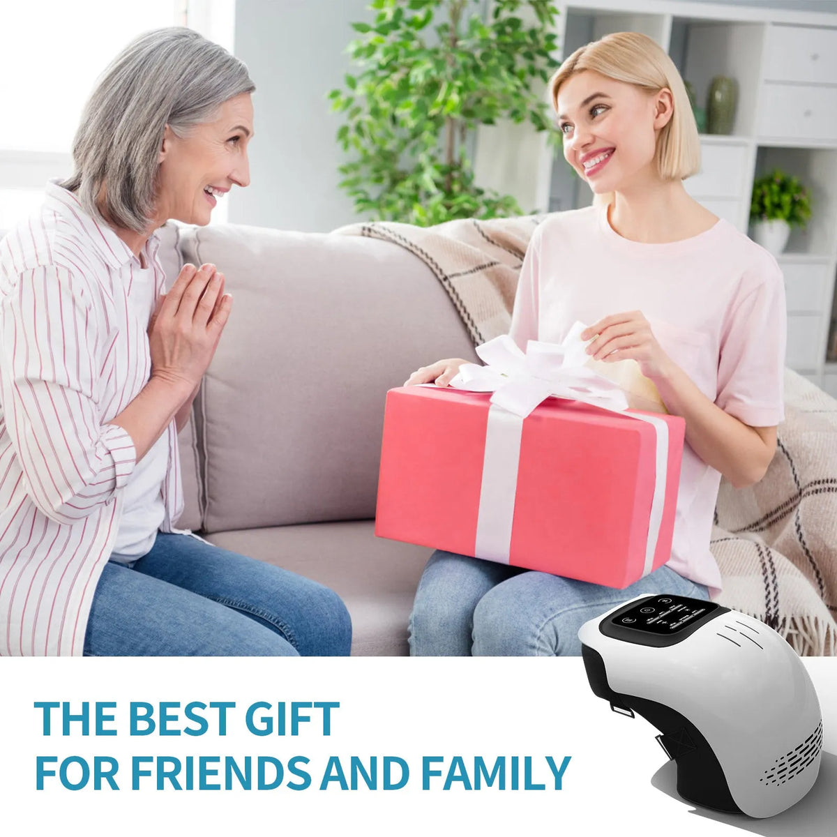Intelligent electric knee massager with adjustable strap showing white and wood colour options