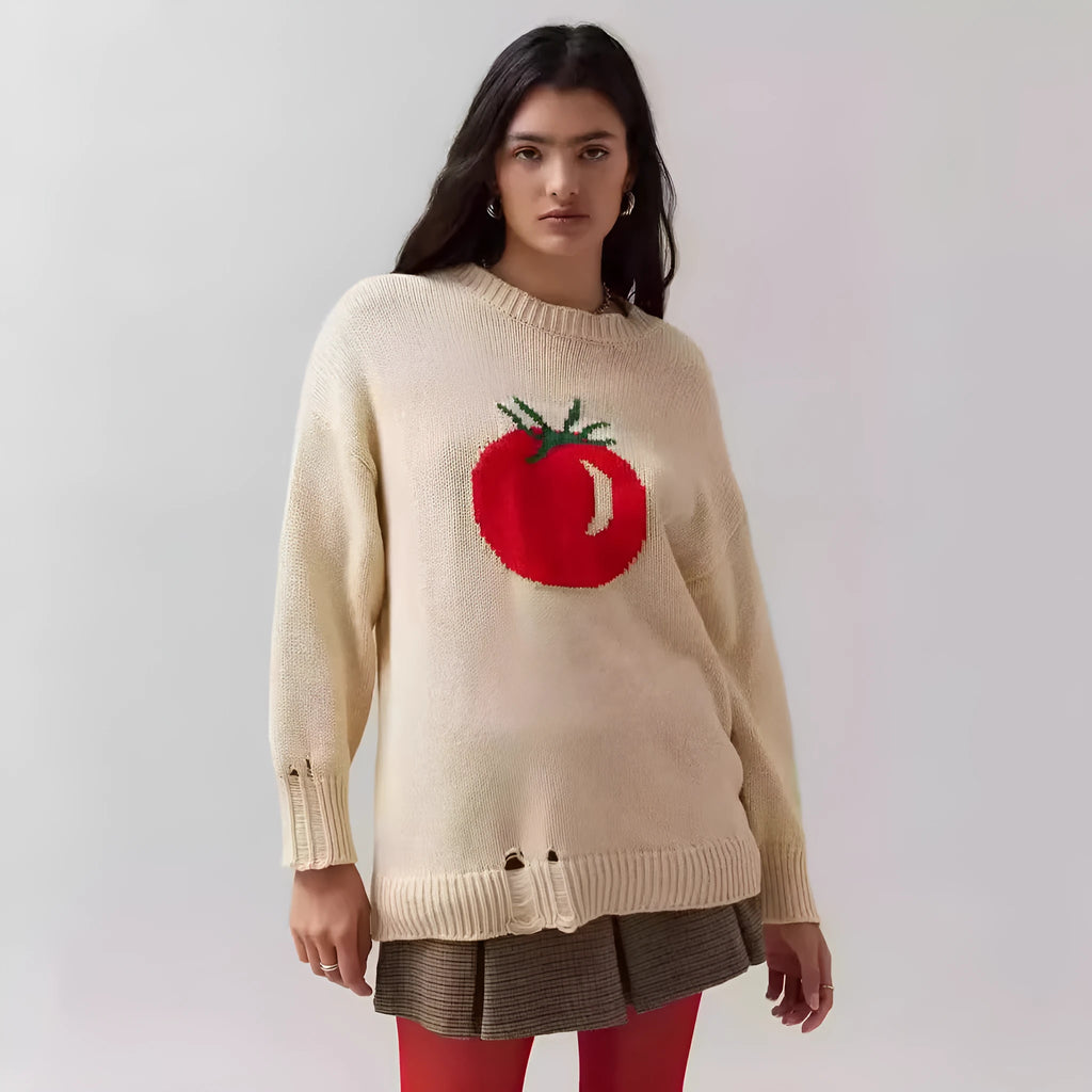 Beige milky white women's acrylic jacquard knit pullover sweater with round neck and long sleeves.