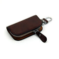 V-shaped genuine leather car key case with frosted finish showing black and brown colour options