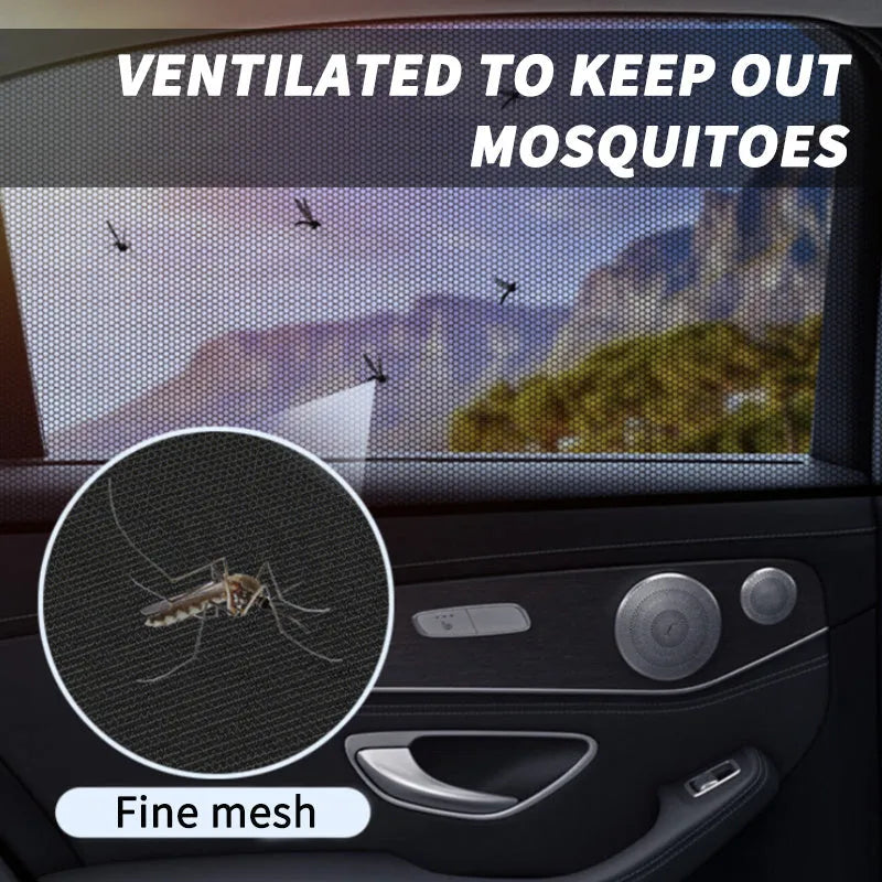 Set of four elastic-fit non-woven mesh sunshades for car front and rear side windows.