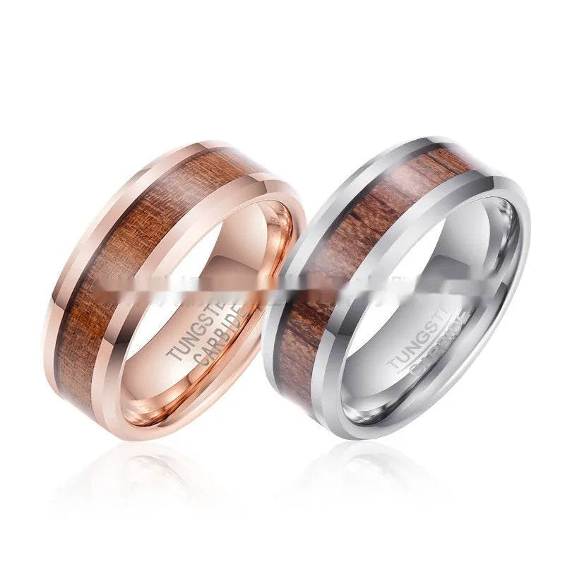 Men's Ugyen ring with wood and leather design in tungsten gold electroplating showing rose gold and steel colour options