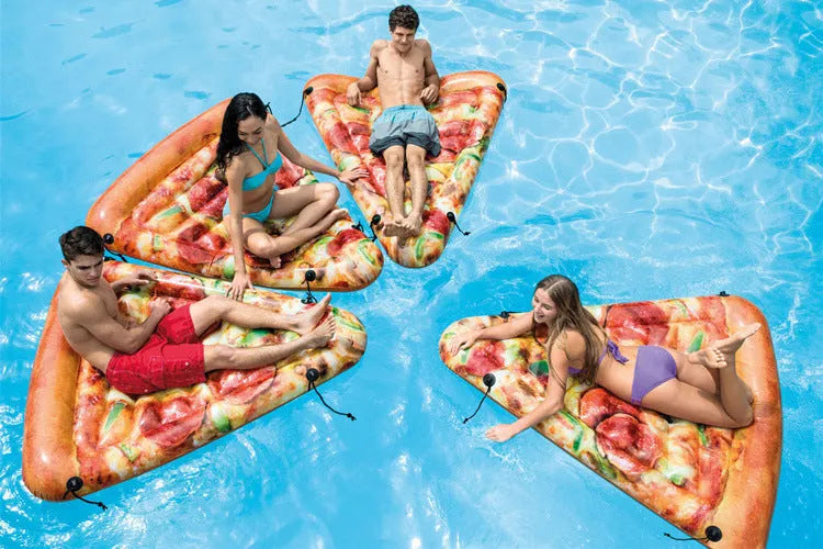 Large inflatable pizza slice surfboard recliner floating in a pool, showing its 175cm length and colourful design.