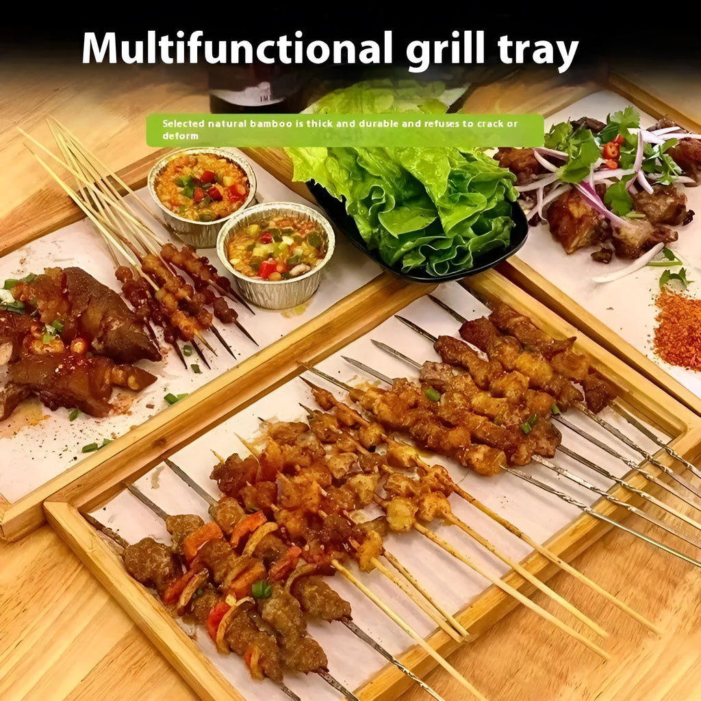 Square bamboo barbecue tray with brown handle for commercial catering service
