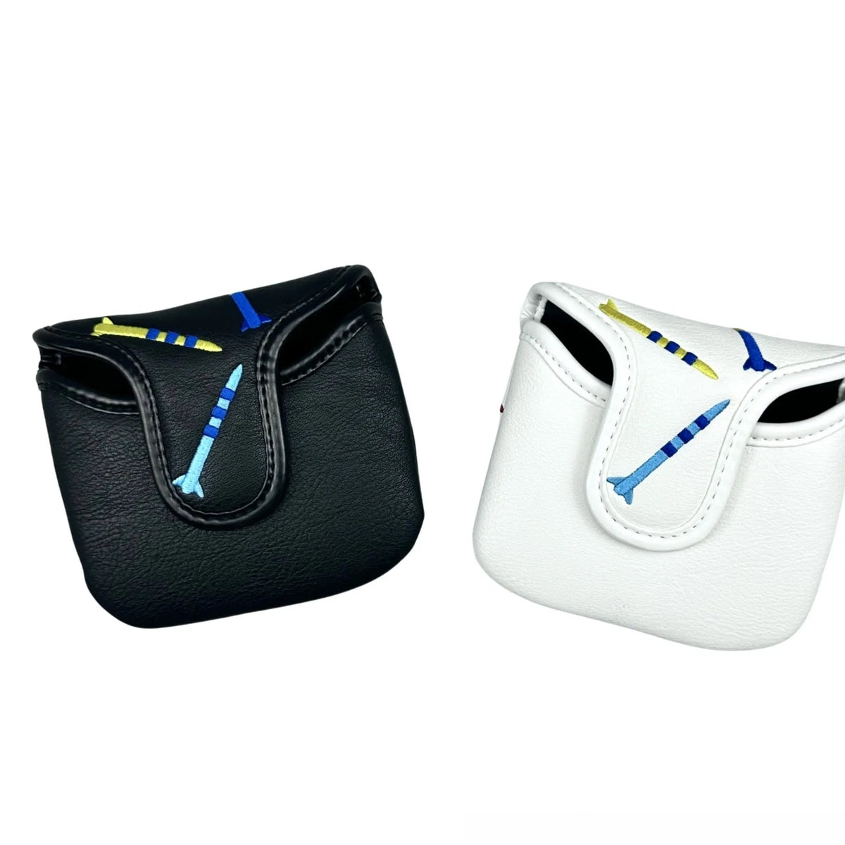 Black golf putter protective sleeve with rocket pattern square design on putting green