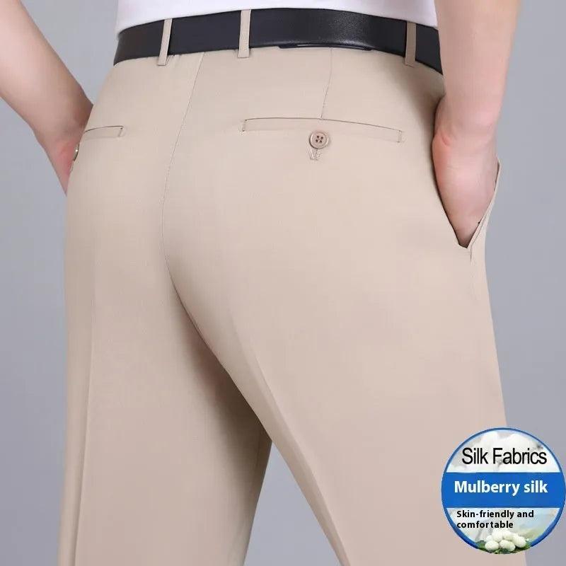 Men's straight-leg high-waist trousers in a mulberry silk blend fabric, shown in dark blue.