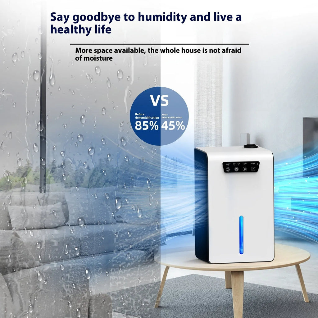 Milky white compact household dehumidifier for bedroom use with silent operation