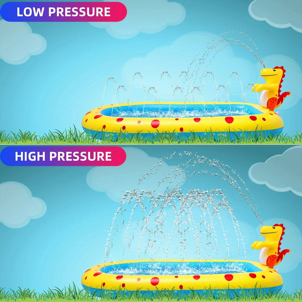 Blue inflatable dinosaur-shaped water spray pool for children in a garden
