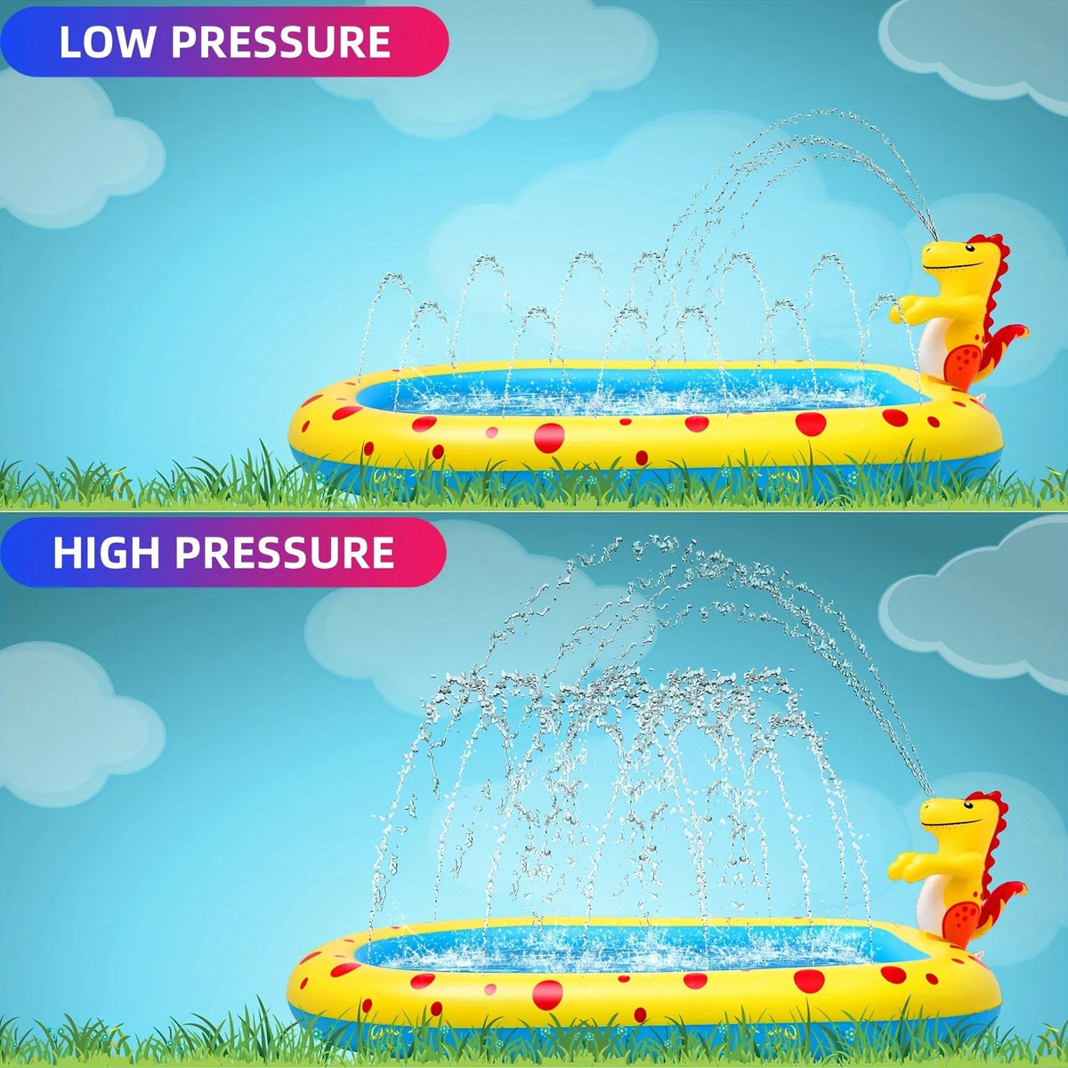 Blue inflatable dinosaur-shaped water spray pool for children in a garden
