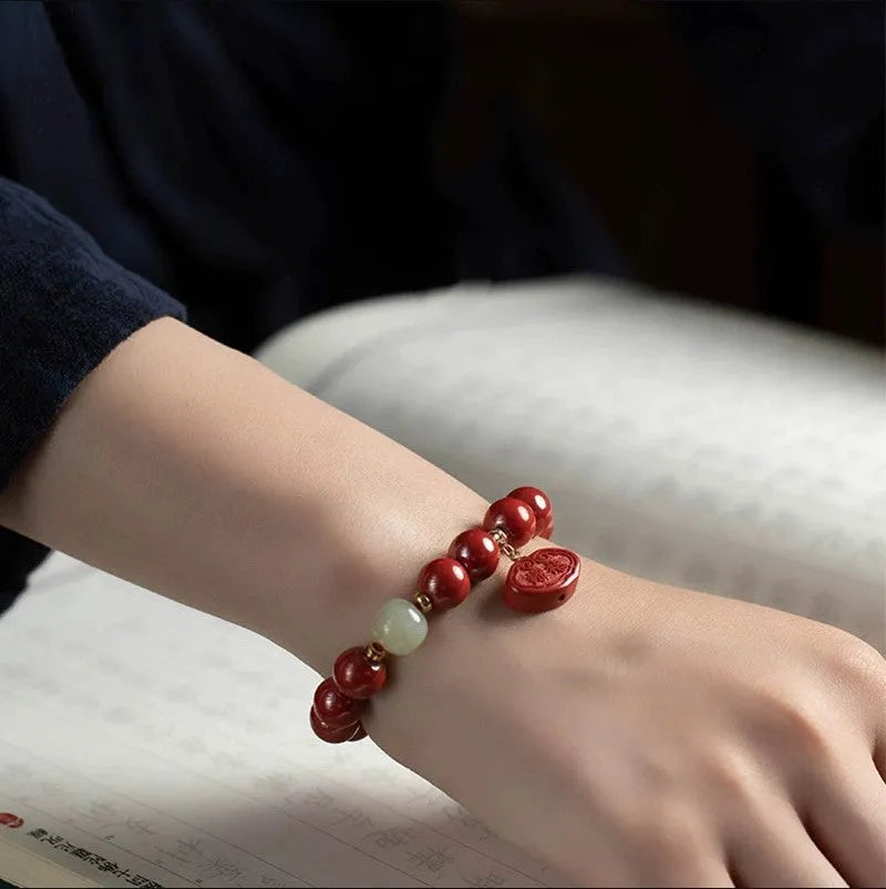 Natural cinnabar Emperor Sandstone Ping An Fu Lu bracelet in fashion OL style
