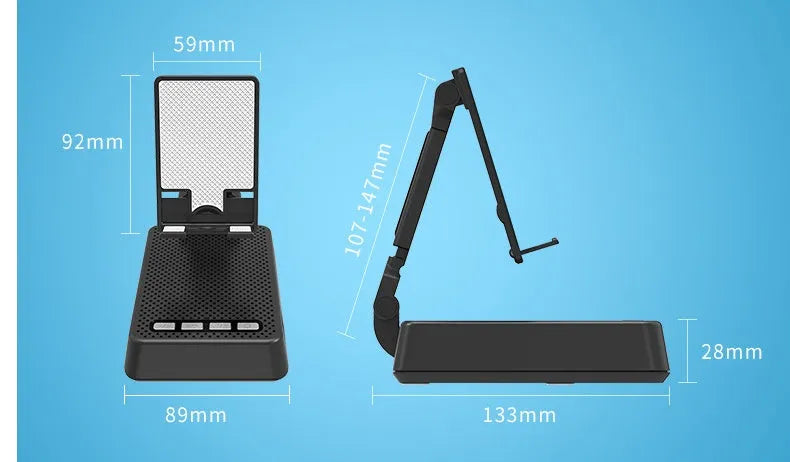 Black mobile phone broadcast stand with integrated Bluetooth speaker and microphone on a desk.