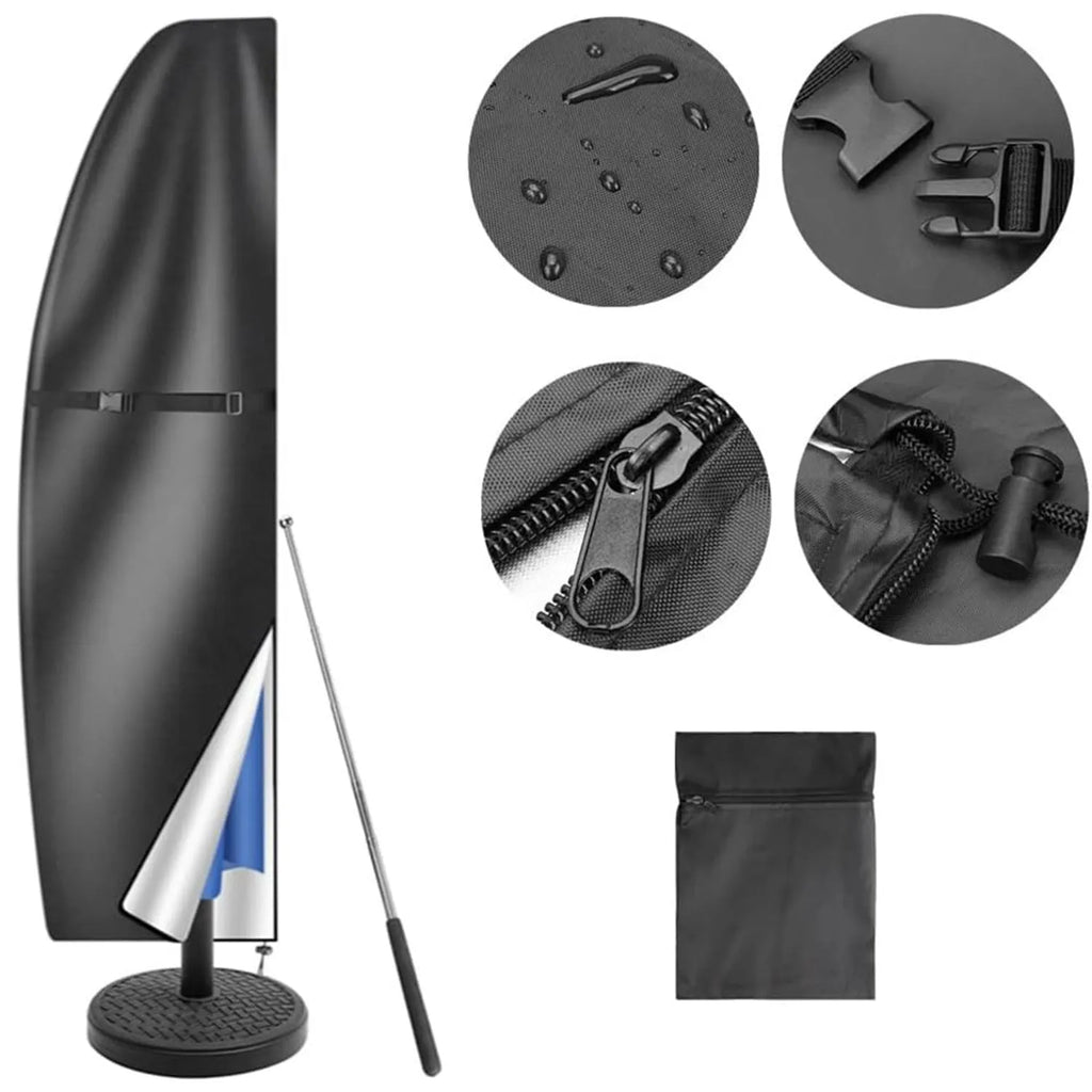 Black waterproof Oxford cloth cover for an offset banana-shaped garden parasol.