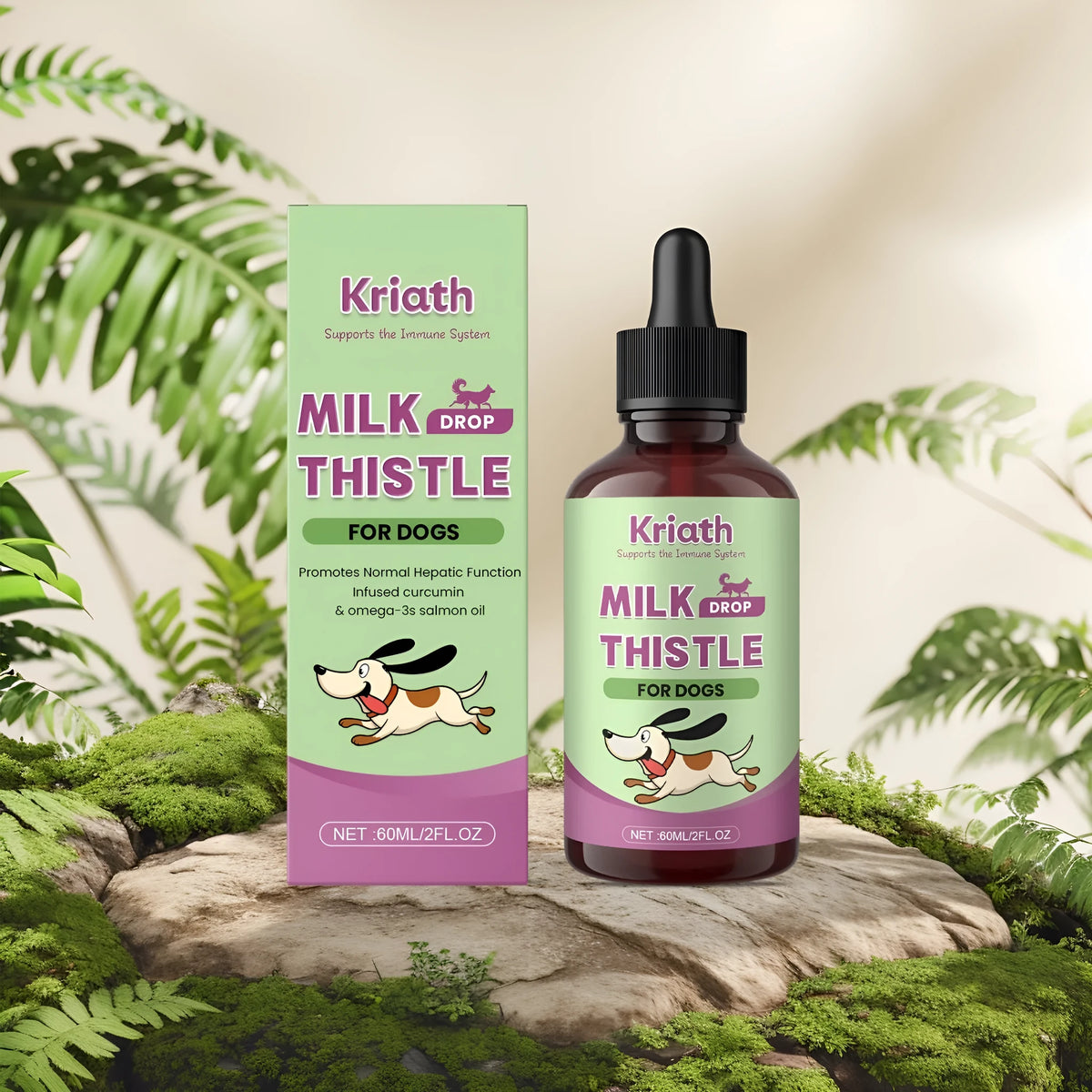 60ml bottle of dog milk thistle and turmeric nutrient solution with dropper