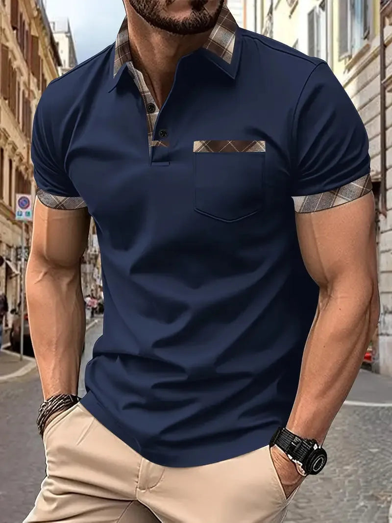 Men's loose fit plaid colourblock T-shirt with short sleeves and zipper decorations