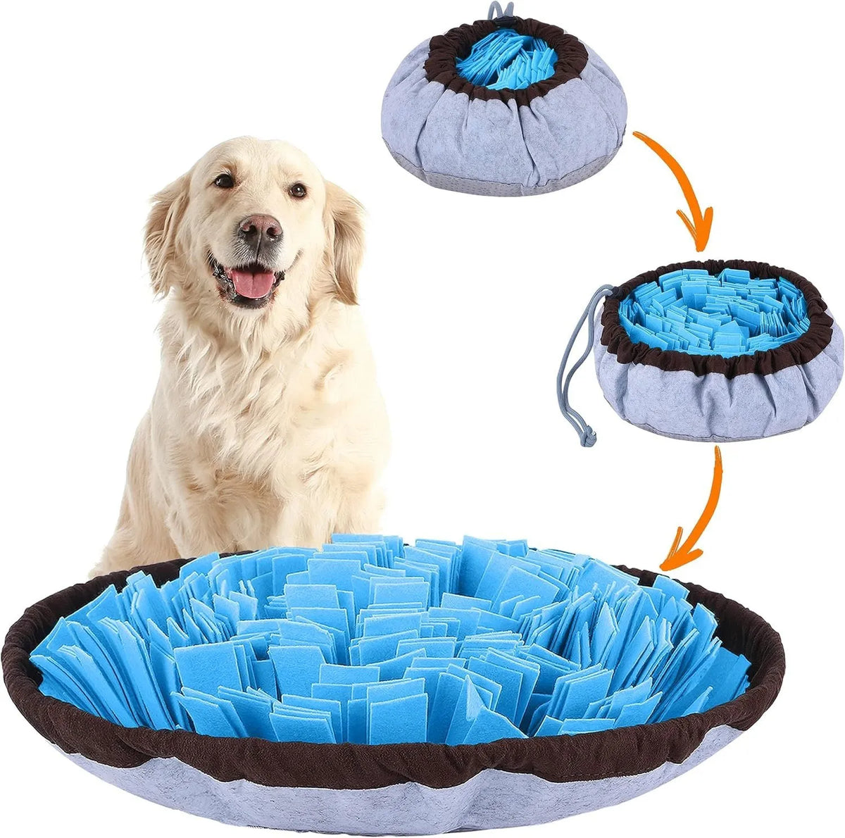 Blue adjustable snuffle mat for large dogs showing fabric pockets for hiding treats