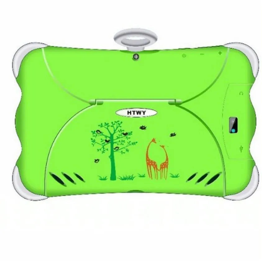 7-inch children's learning tablet with colourful cartoon design, showing screen interface and built-in stand