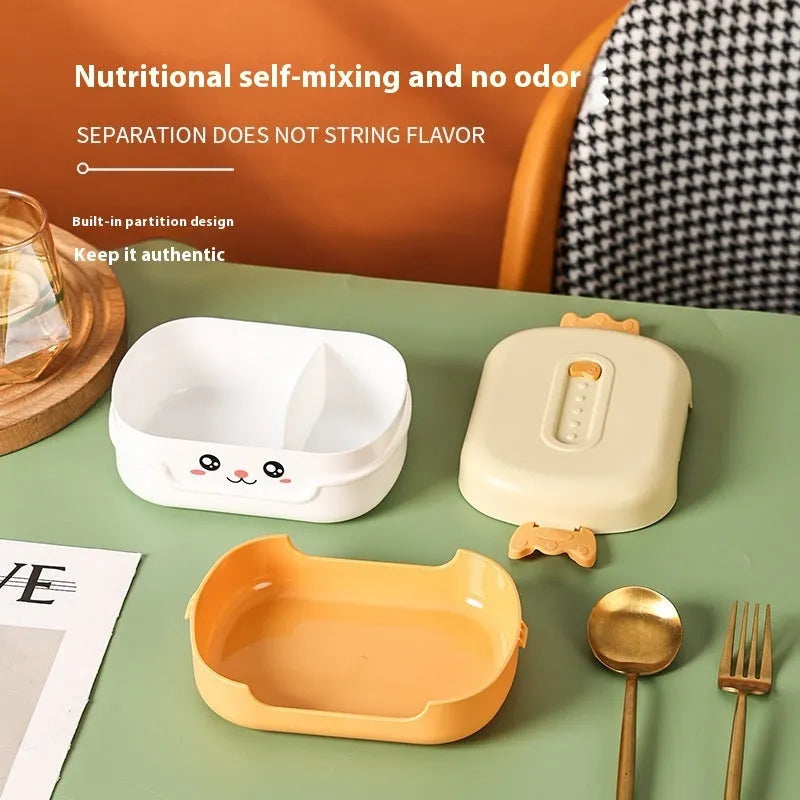 Square plastic divided lunch box in dark blue, pink and green, or orange yellow colours