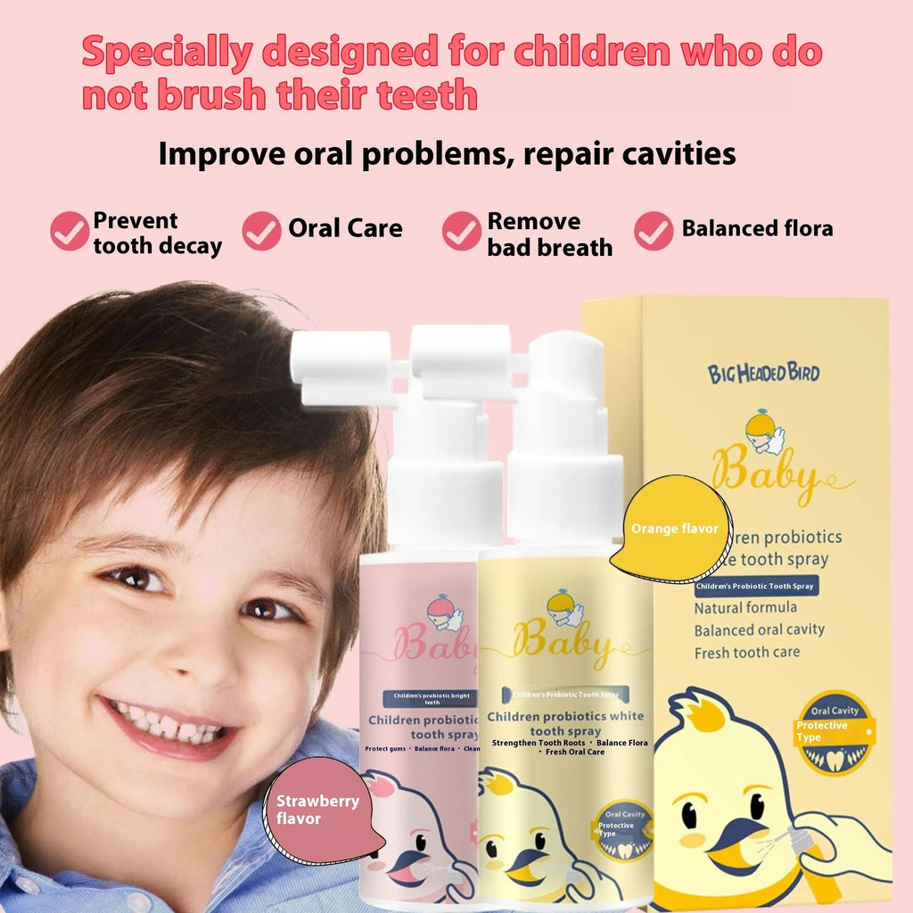 Children's probiotics whitening tooth spray in 40ml bottle with strawberry and orange flavour options