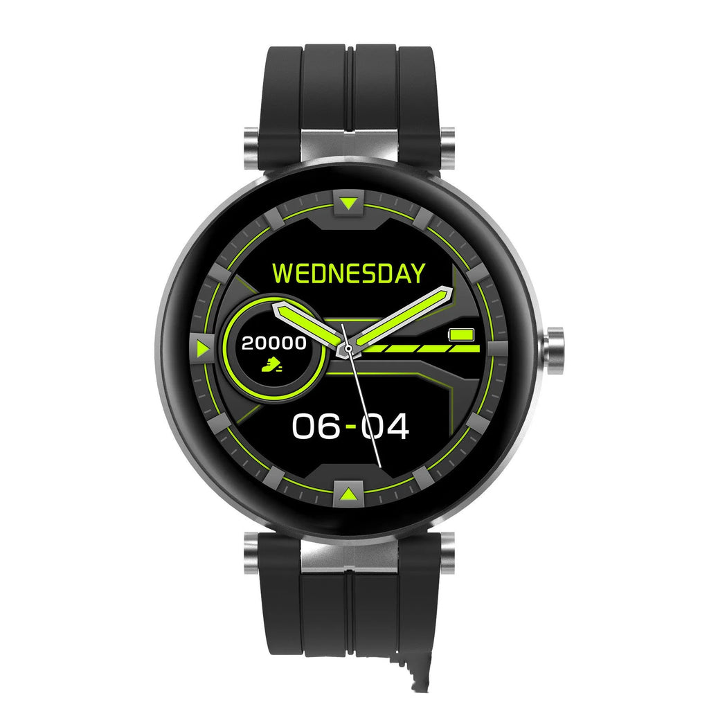 Smart watch with black silicone strap and screen showing heart rate and blood pressure data