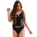 Solid black women's nylon bikini swimsuit set on a white background