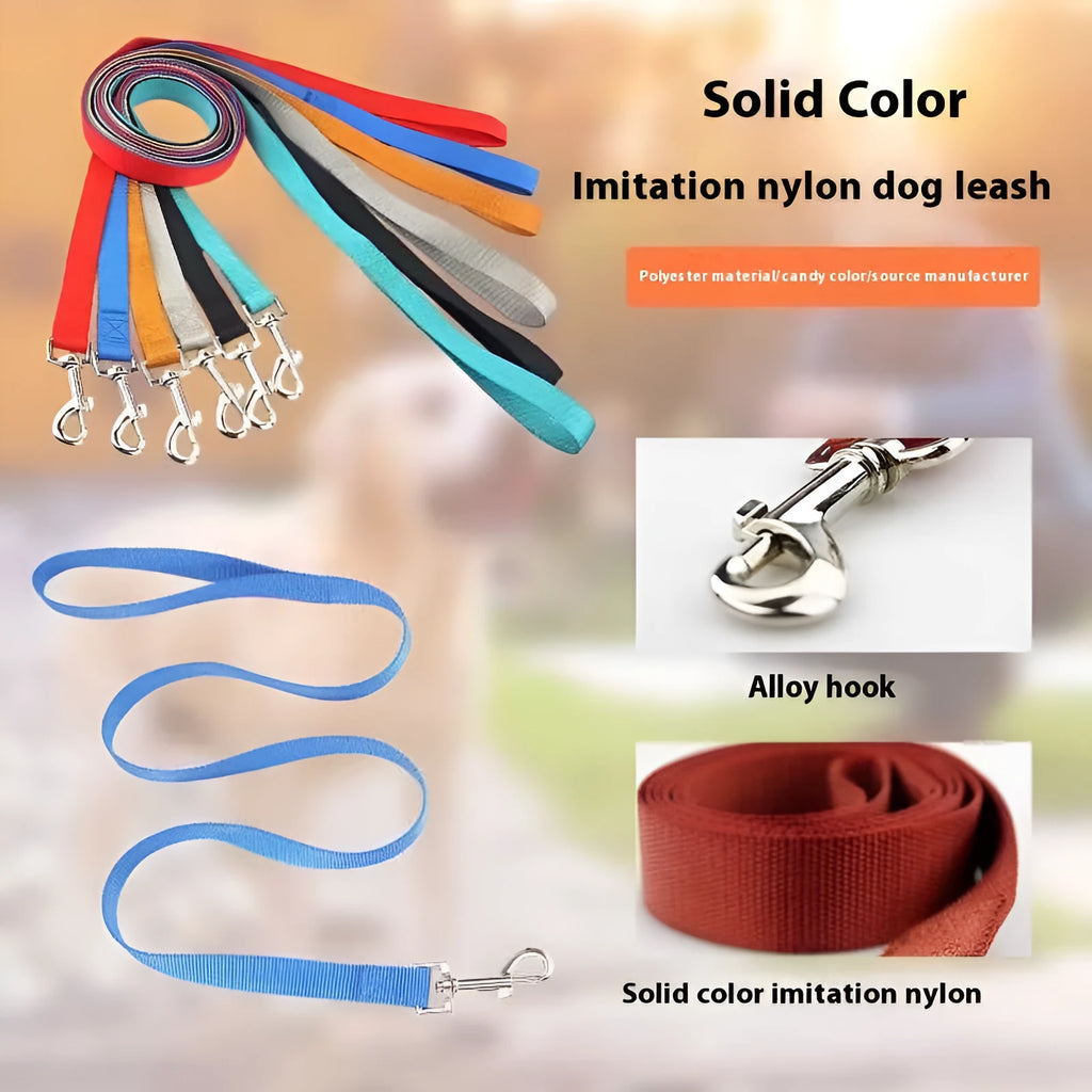 Blue polyester dog lead rope with a hand-holding loop, shown alongside other colour options including black, red, and grey.
