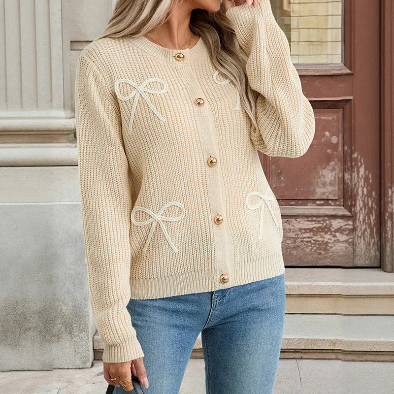 Women's light khaki bow cardigan coat with long sleeves and button front in sizes S, M and L
