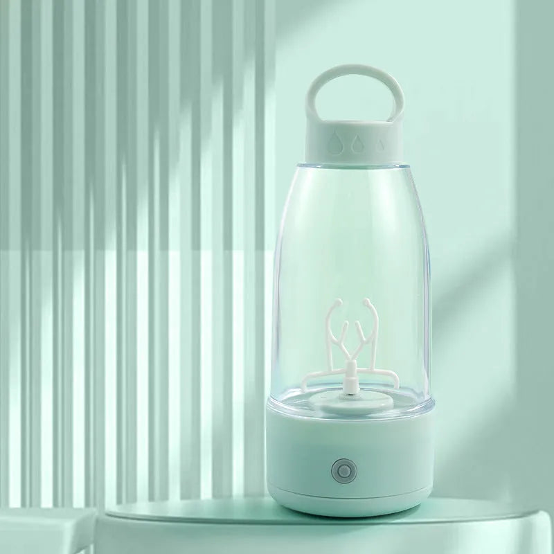 Electric shaker bottle with USB charging port and handle in green, pink or white colours