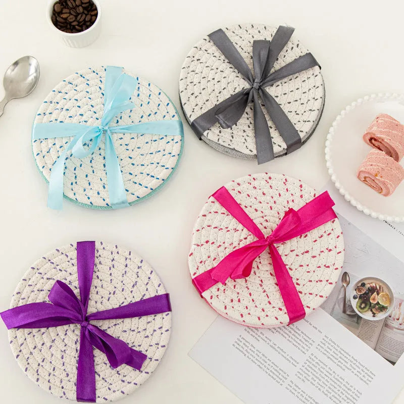 Three round cotton cord coasters in chosen colour with 18cm diameter measurement
