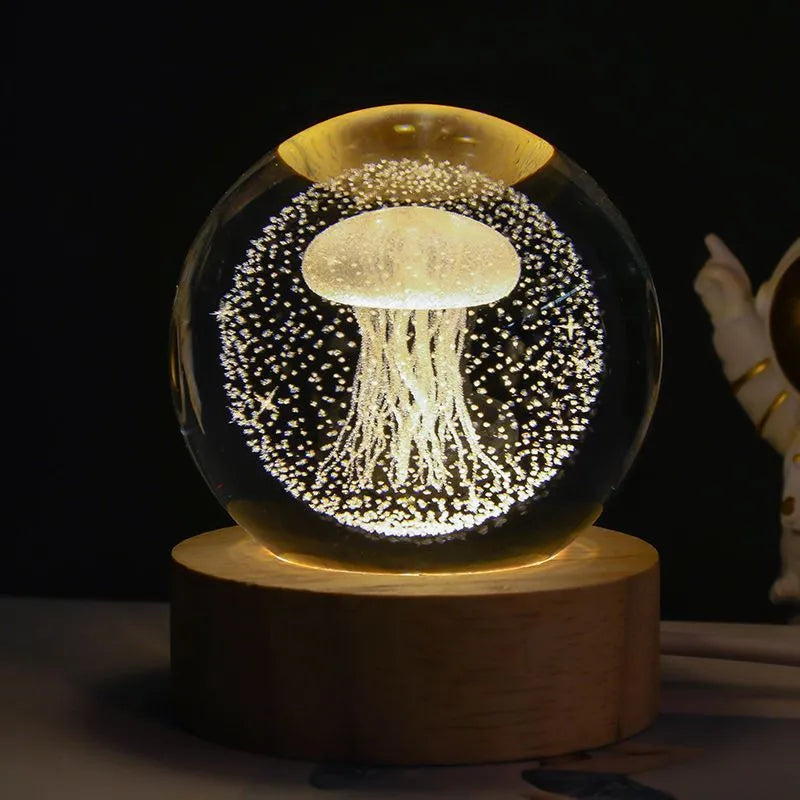 8cm white crystal ball night lamp with inner carving on a rechargeable luminous base