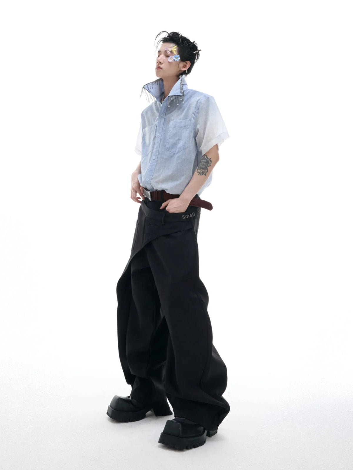 A loose-fitting men's blue to white gradient short-sleeve shirt for casual summer wear.