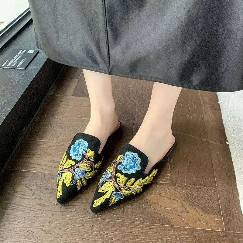 Women's embroidered round toe slippers with PU upper and rubber sole, shown in black colourway, sizes 35 to 40