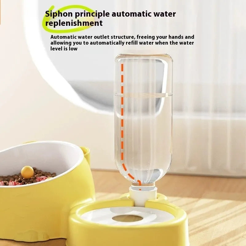 Automatic pet drinking fountain with two stainless steel bowls, shown in haze blue colour.