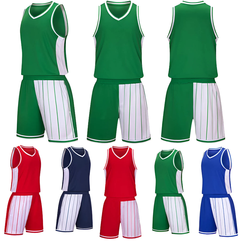 Men's basketball uniform set with jersey and shorts in quick-dry fabric available in four colours