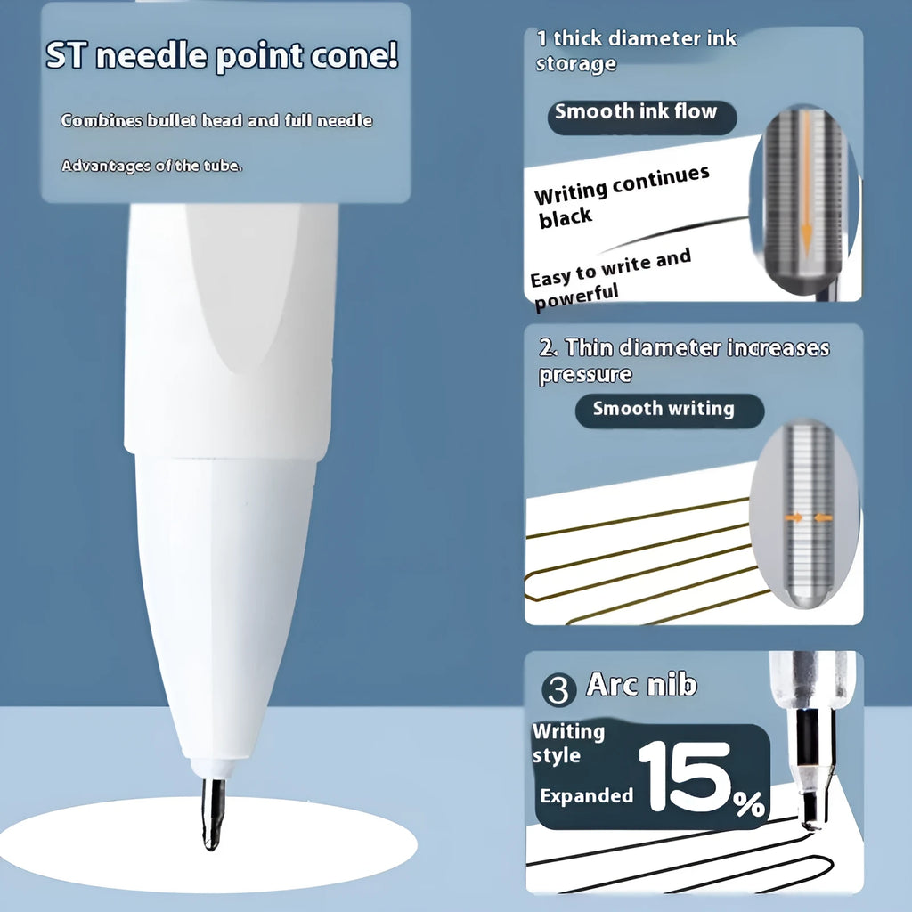 Pack of 10 quick-drying bullet push pen refills in black, red, blue, and ink blue colours.