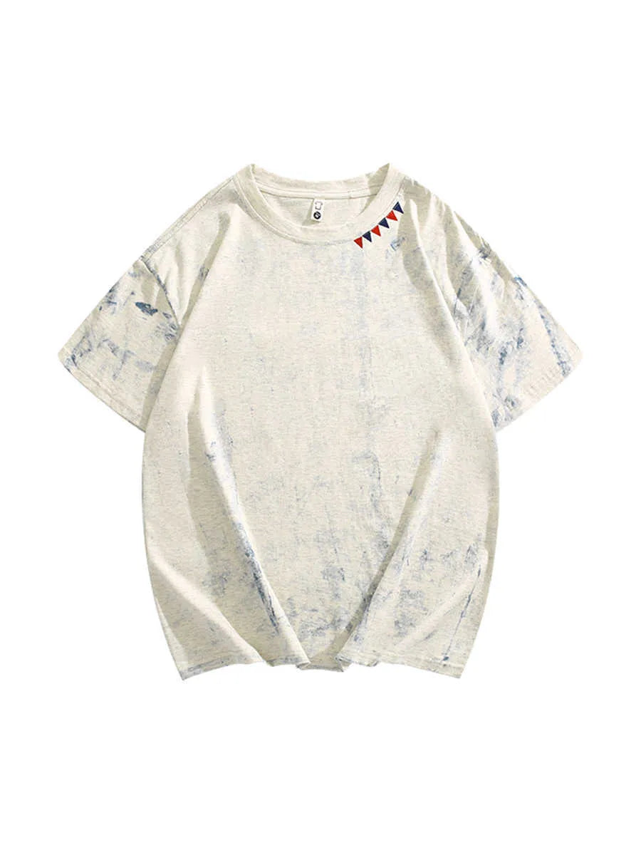 Grey tie dye patterned loose fit t-shirt with short sleeves and round neck collar