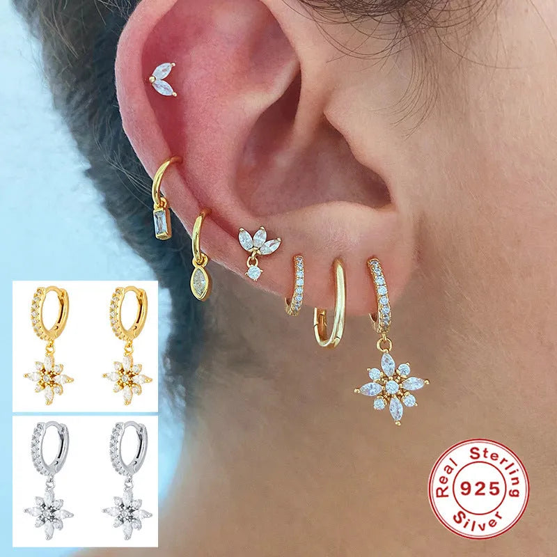 S925 sterling silver snowflake pendant earrings with gemstone inlay in yellow gold or white gold colour options