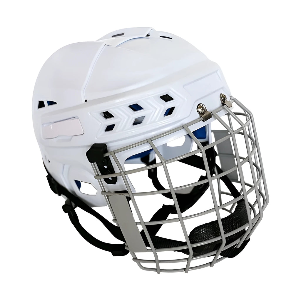 Ice hockey helmet with a carbon steel face mask, shown in a sports setting.