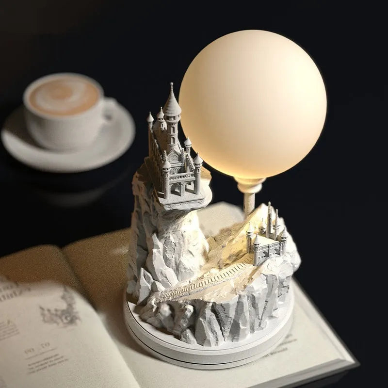 White composite gypsum table lamp with wire control switch on small bedside table