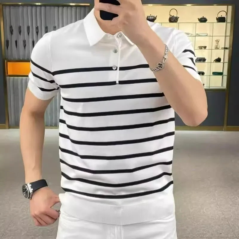 Black and white striped lapel knitted t-shirt on hanger showing pullover style