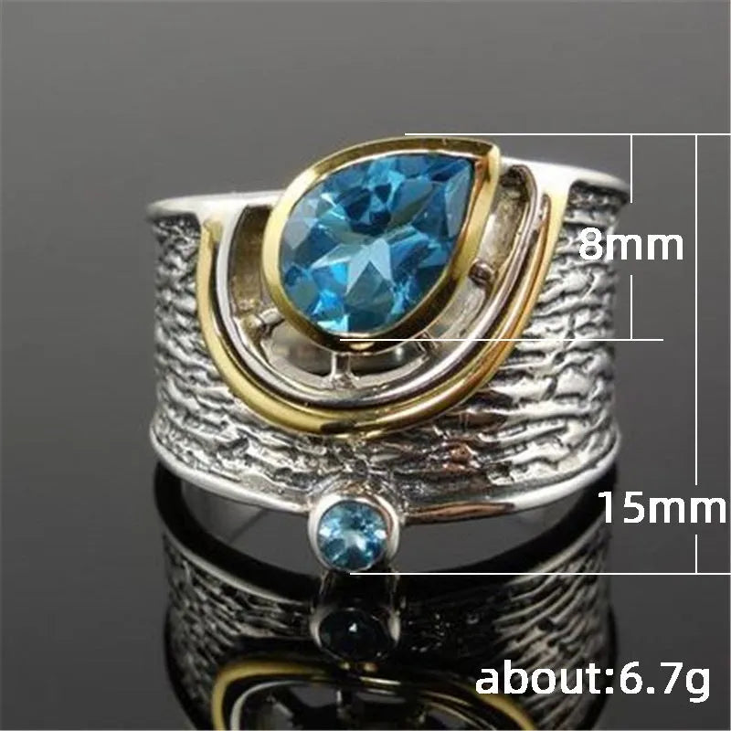 Chinese style women's blue rhinestone zircon ring with drop shape design on alloy band