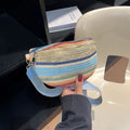 Woven straw women's beach bag with single strap and zipper compartment in pink or blue