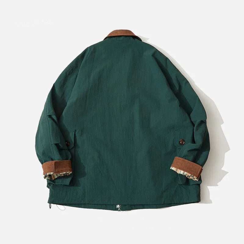 Green or apricot unisex casual jacket with long sleeves and side seam pockets