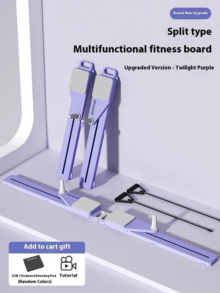 85cm long twilight purple PP plastic split skiing machine trainer supine board on a home floor.