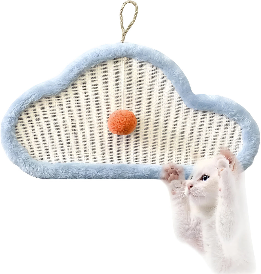White cat scratching mat with sleeping cat pattern, wall mounted with natural sisal surface